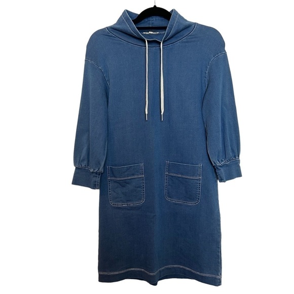 Madewell Denim Tunic Dress Sporty Pull Tie Mock Neck & Two Large Front Pockets - Picture 4 of 13
